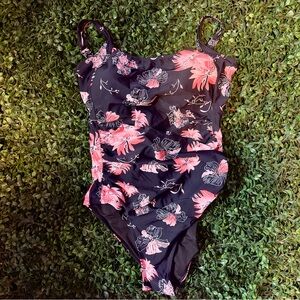 FirPearl Black and Pink One Piece Swimsuit with Tropical Design NWOT